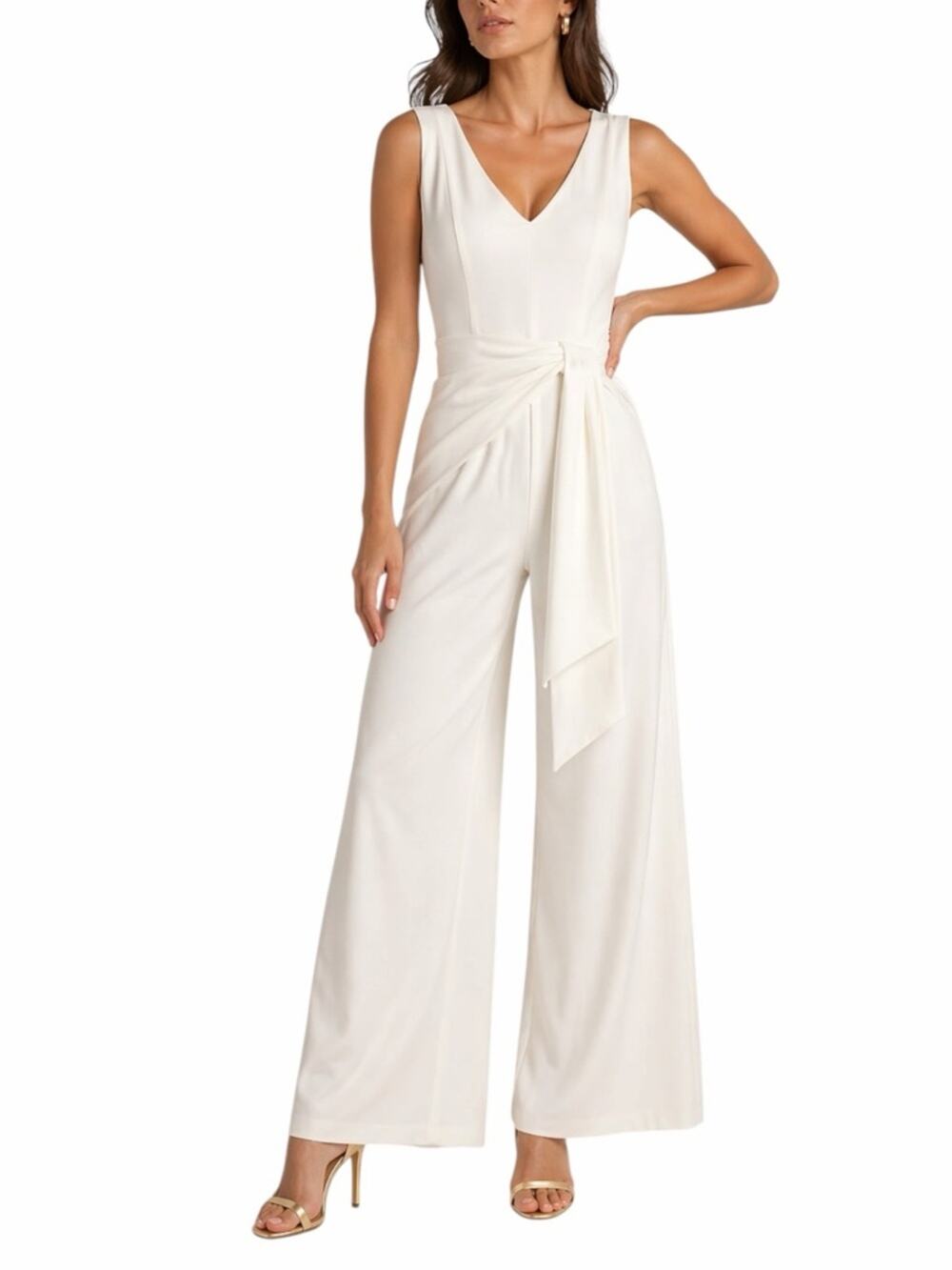 VENUS Ivory Wide Leg Jumpsuit Size S V Neck Tie Waist Minimalist Elegant Cream